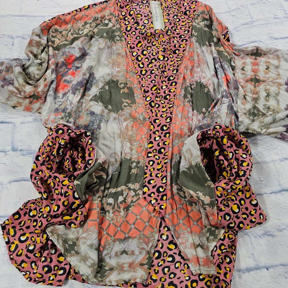 Aratta Silent Journey Kimono Cardigan Womens OS Pink Floral Leopard Mixed Print - Picture 3 of 13